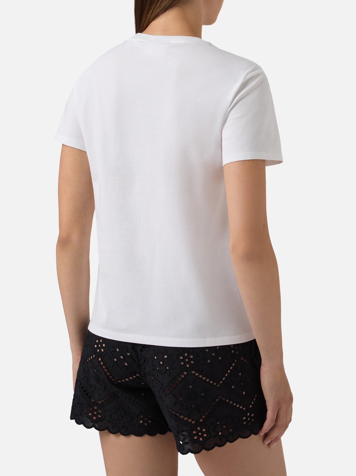 White Emilie T-shirt with + Borse che occhiaie embroidery and rhinestones