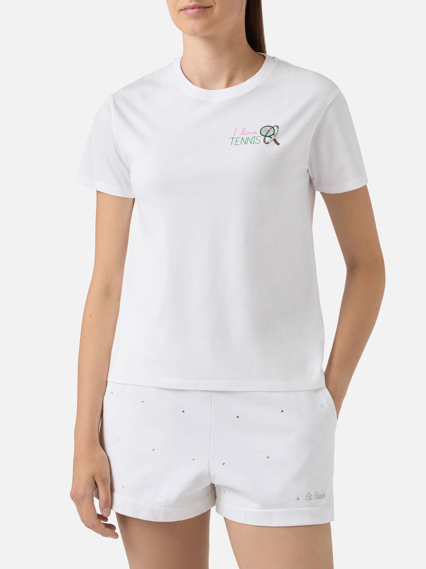 Camiseta Emilie blanca con bordado I Love Tennis y strass 