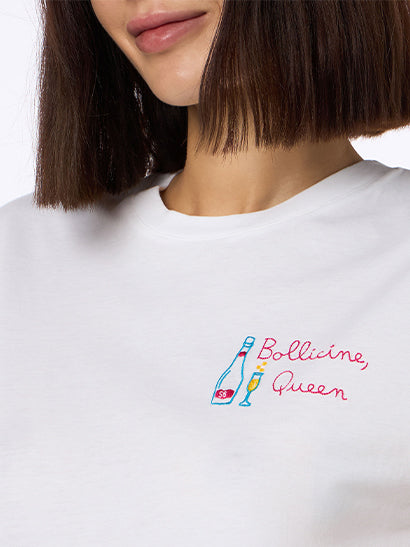 Woman white cotton jersey crewneck t-shirt Emilie with Bollicine Queen embroidery