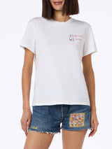 Woman white cotton jersey crewneck t-shirt Emilie with Bollicine Queen embroidery