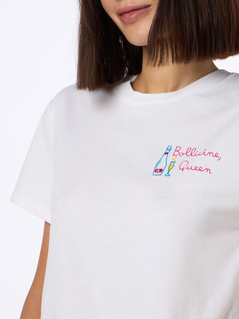 Woman white cotton jersey crewneck t-shirt Emilie with Bollicine Queen embroidery