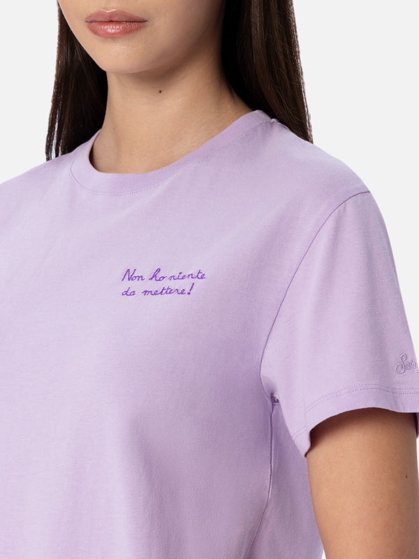 Woman lilac cotton jersey crewneck t-shirt Emilie with Non ho niente da mettere embroidery