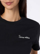 Woman black cotton jersey crewneck t-shirt Emilie with Sono nera embroidery