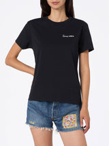 Woman black cotton jersey crewneck t-shirt Emilie with Sono nera embroidery