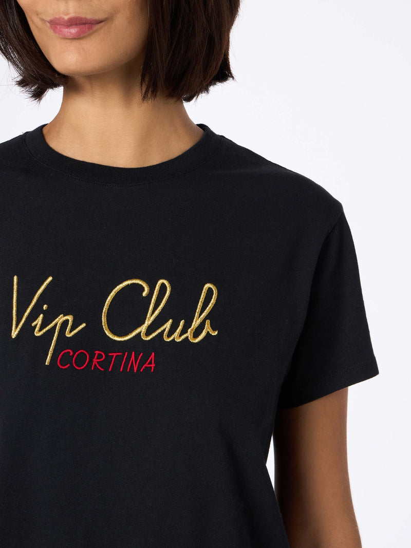 T-shirt nera da donna in cotone pesante Emilie con ricamo Vip Club Cortina | VIP CLUB CORTINA SPECIAL EDITION