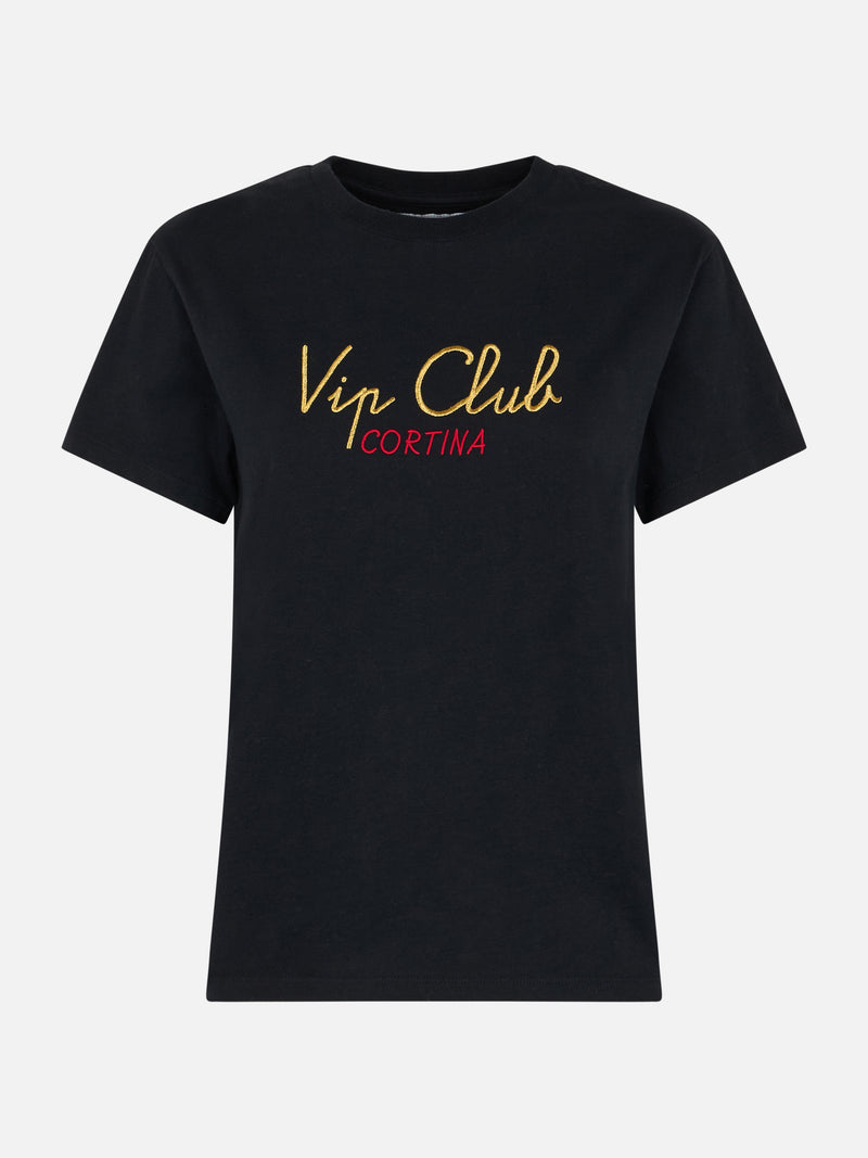 T-shirt nera da donna in cotone pesante Emilie con ricamo Vip Club Cortina | VIP CLUB CORTINA SPECIAL EDITION