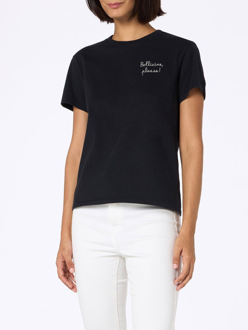 Schwarzes T-Shirt Emilie aus schwerer Baumwolle für Damen mit Stickerei „Bollicine Please“