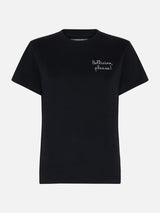 Schwarzes T-Shirt Emilie aus schwerer Baumwolle für Damen mit Stickerei „Bollicine Please“