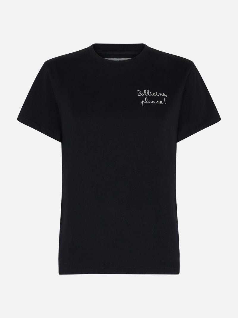 Schwarzes T-Shirt Emilie aus schwerer Baumwolle für Damen mit Stickerei „Bollicine Please“