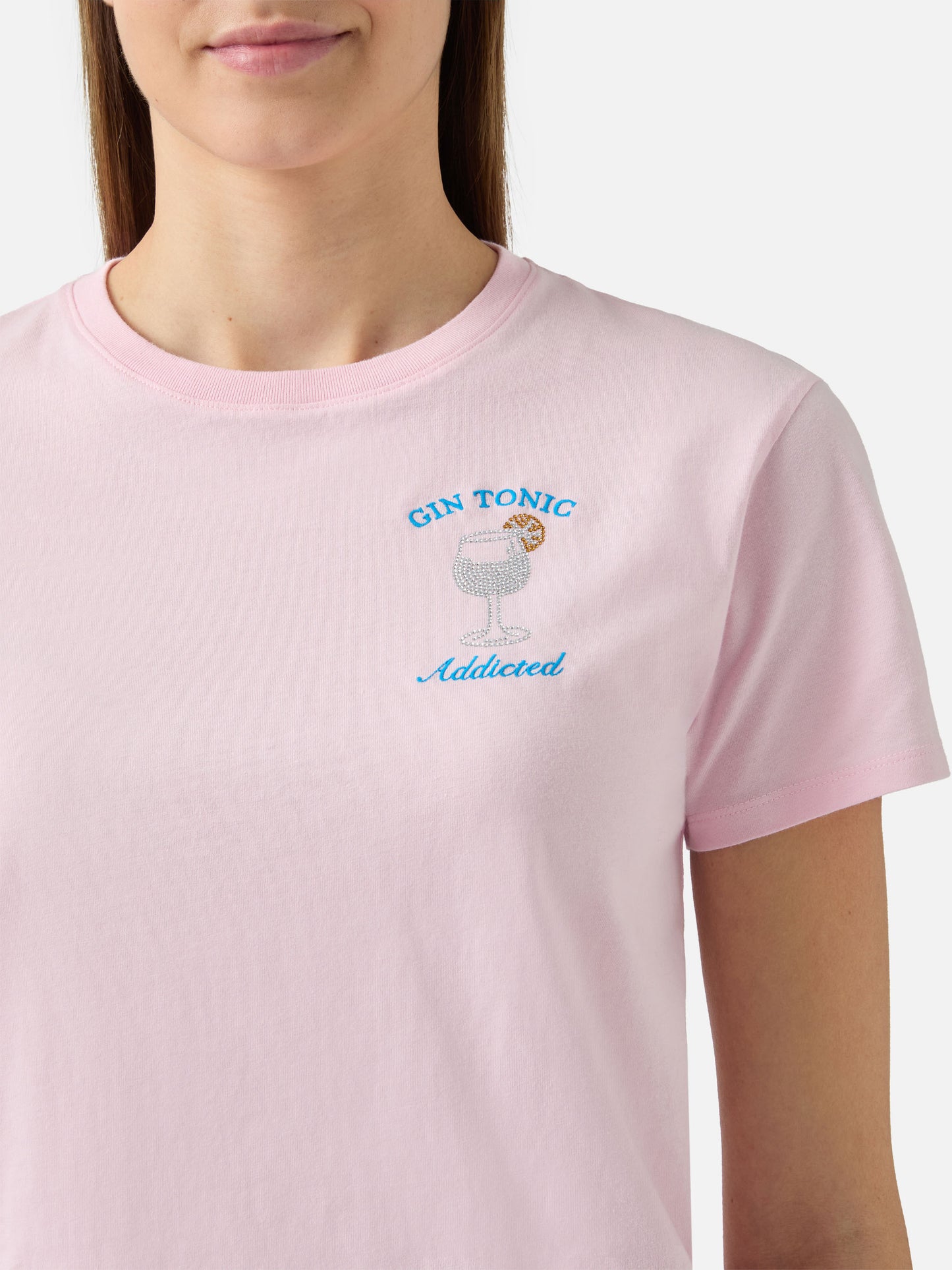 T-shirt Emilie in cotone rosa con applicazione in strass Gin Tonic addicted