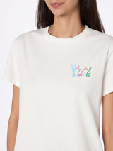 Woman heavy cotton white t-shirt Emilie with Apres ski rainbow embroidery