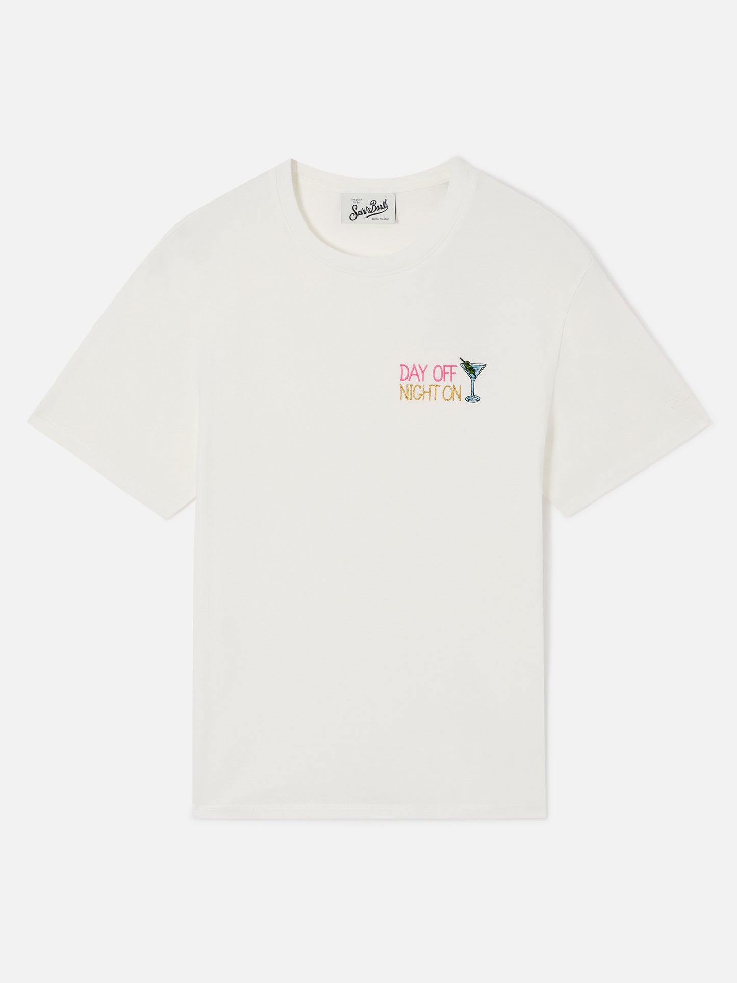 Emilie T-Shirt in Weiß mit „Day Off Night On“-Stickerei 