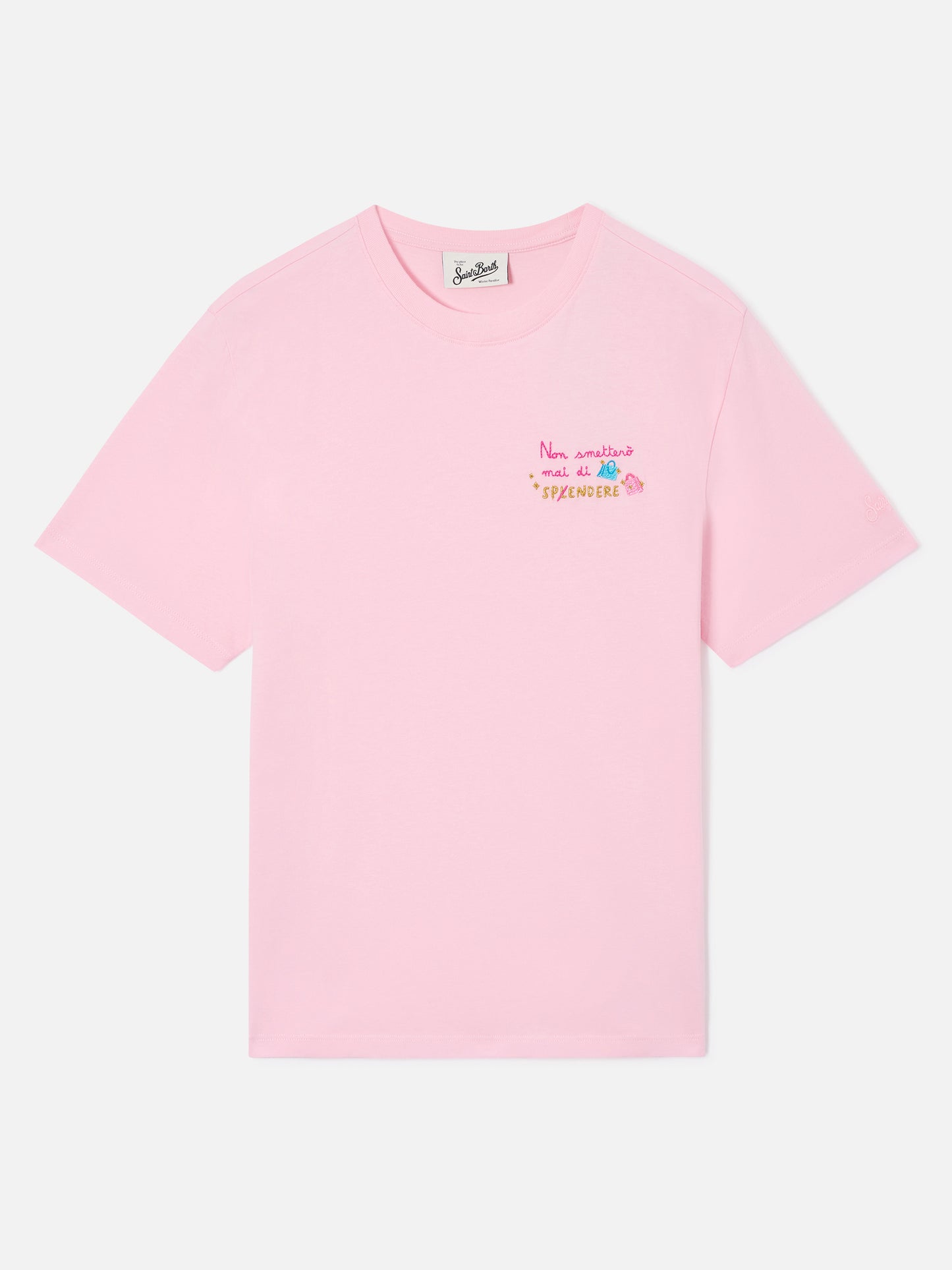 Emilie T-Shirt in Rosa mit Stickerei „Non smetterò mai di splendere“ 