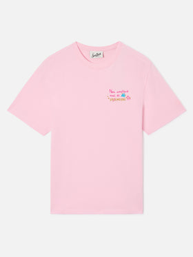 Emilie T-Shirt in Rosa mit Stickerei „Non smetterò mai di splendere“ 