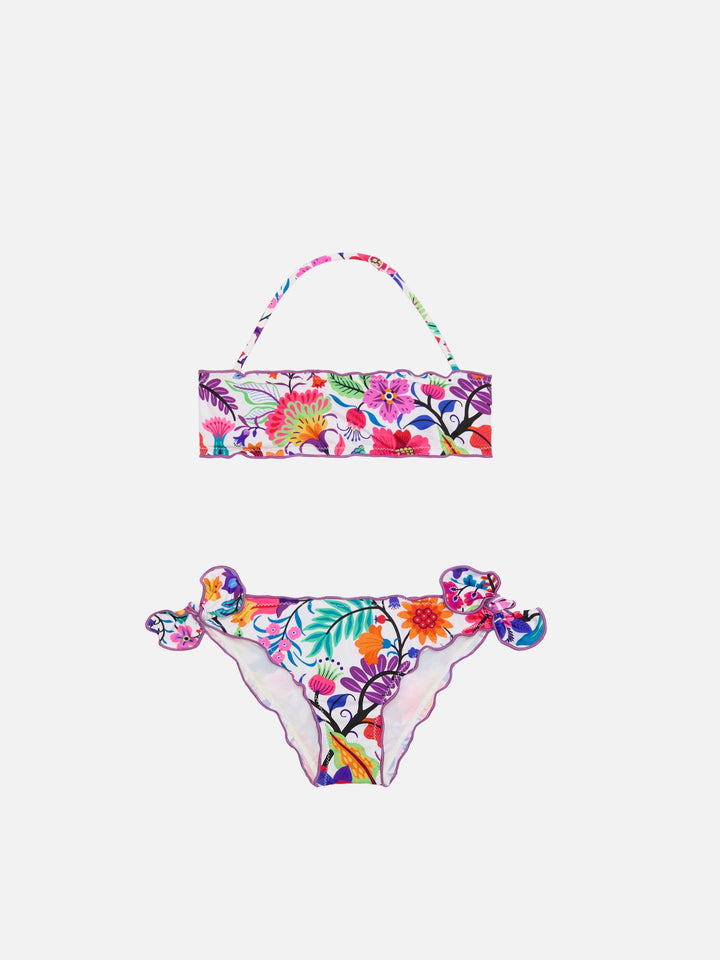 Bandeau-Bikini für Mädchen mit mehrfarbigen Blumen