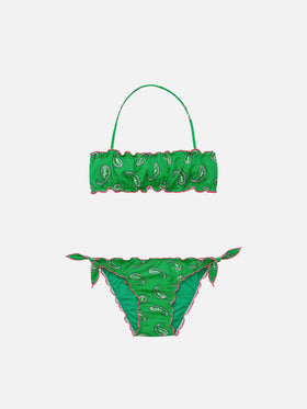 Bikini da bambina a fascia con stampa paisley