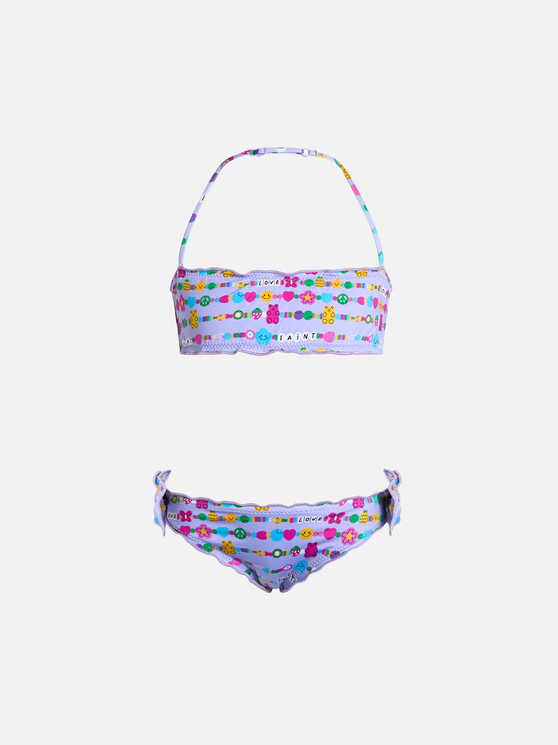 Girl classic bandeau bikini Emy with bracelets print