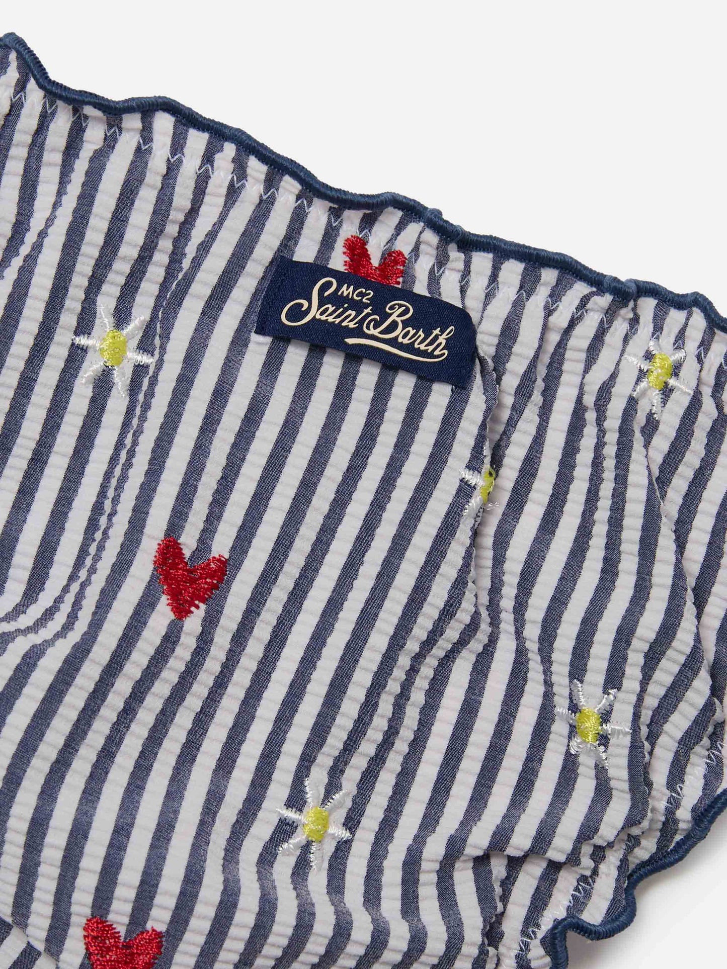 Emy white and navy striped seersucker embroidered bikini