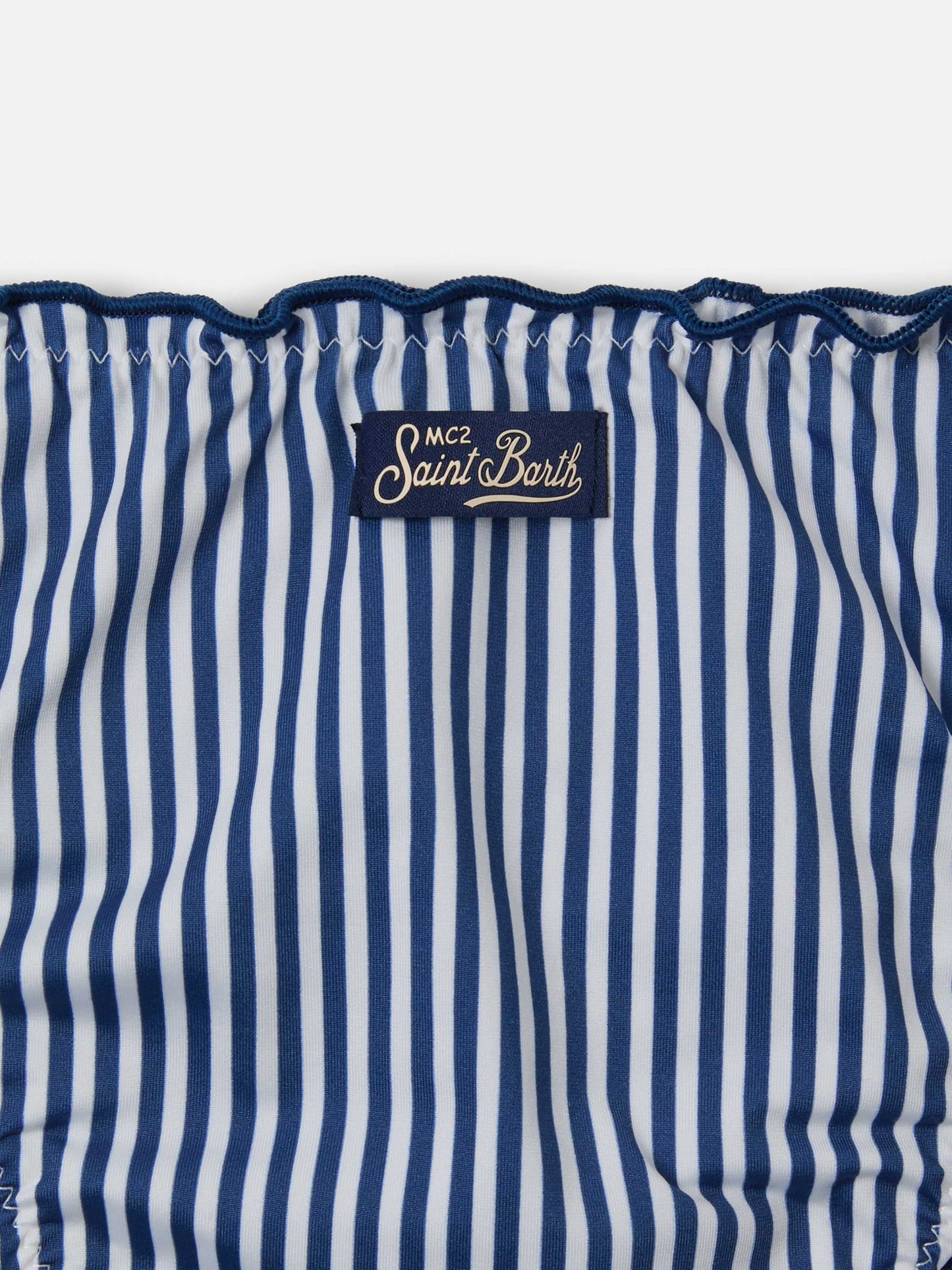 Emy white and blue striped bikini with ruffled edges