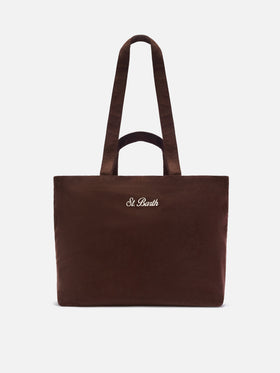 Shopper Essential marrone in velluto a coste con ricamo logo