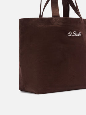 Shopper Essential marrone in velluto a coste con ricamo logo