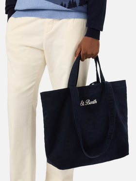 Shopper Essential blu navy in velluto a coste con ricamo logo
