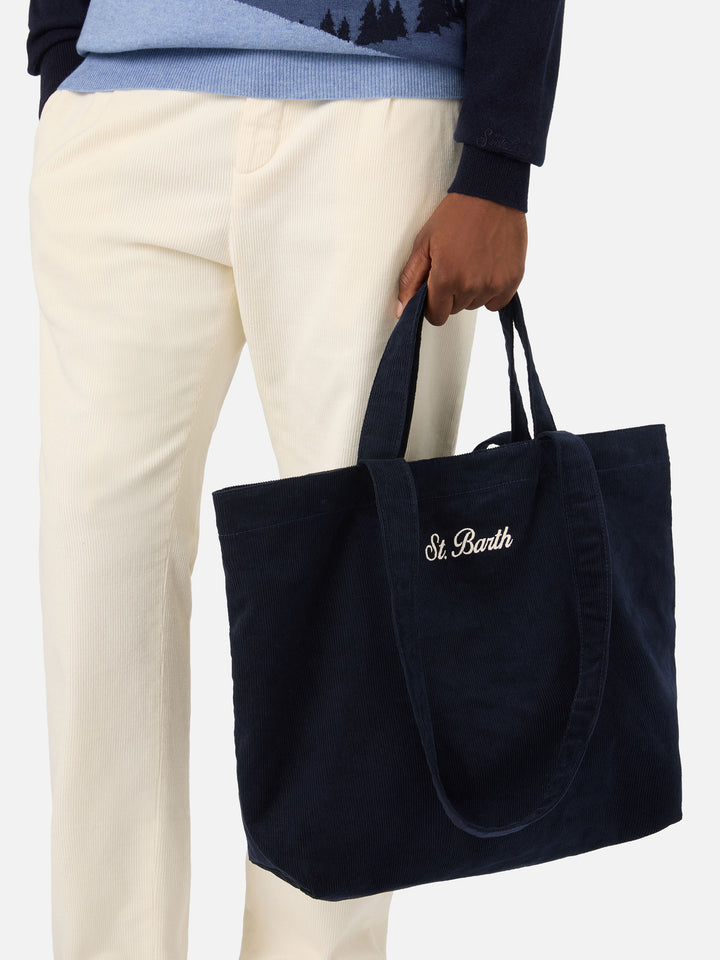 Shopper Essential blu navy in velluto a coste con ricamo logo