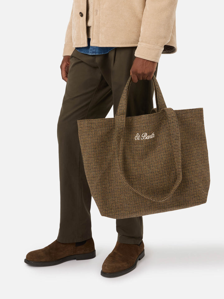 Beige Essential Wollmischungs-tote-Tasche mit Hahnentrittmuster 