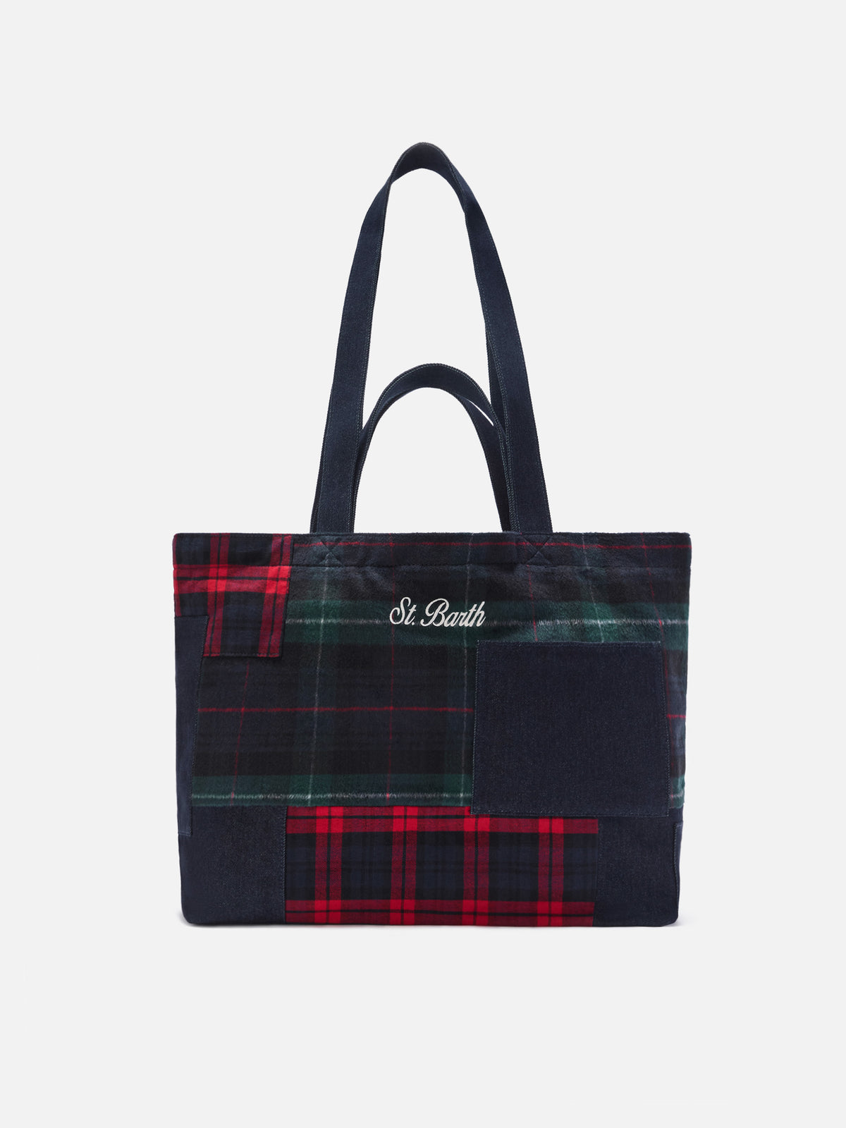 Sac tote essentiel en denim patchwork et tartan 