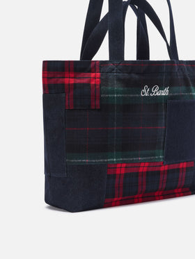 Sac tote essentiel en denim patchwork et tartan 
