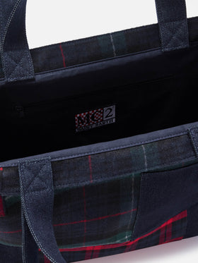 Sac tote essentiel en denim patchwork et tartan 