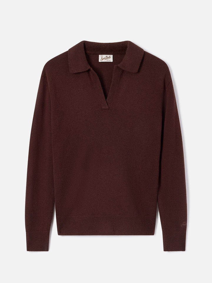Maille à col polo en laine Eze marron 