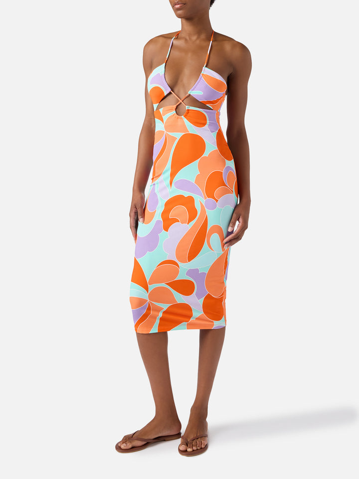 Longuette-Kleid mit Cut-out und Wellenprint Farah