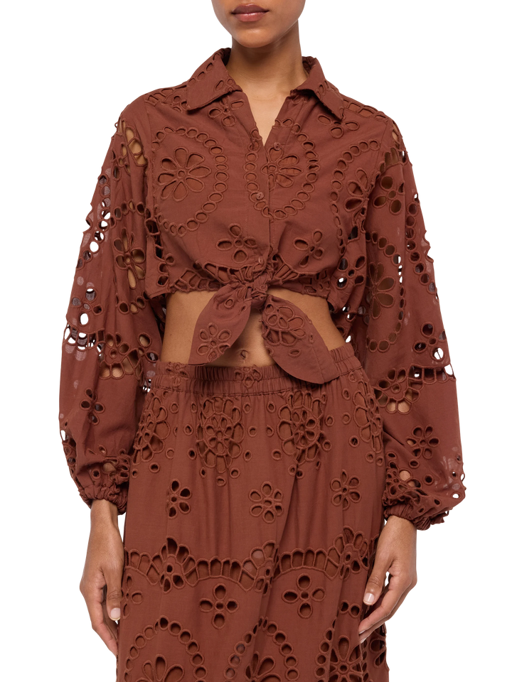 Camicia in Sangallo di cotone marrone cammello Febe