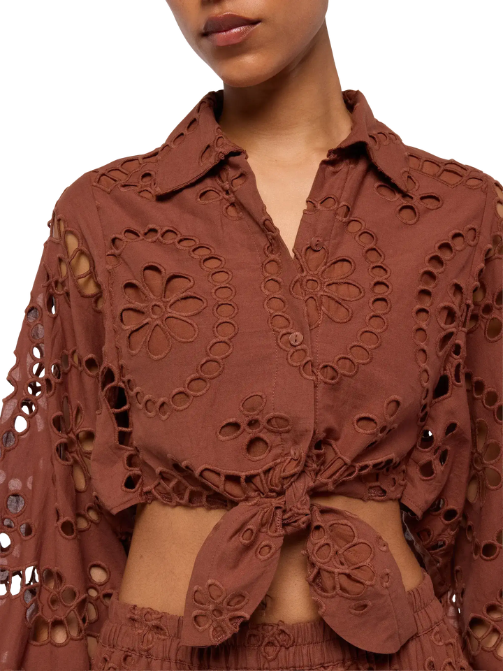 Camicia in Sangallo di cotone marrone cammello Febe