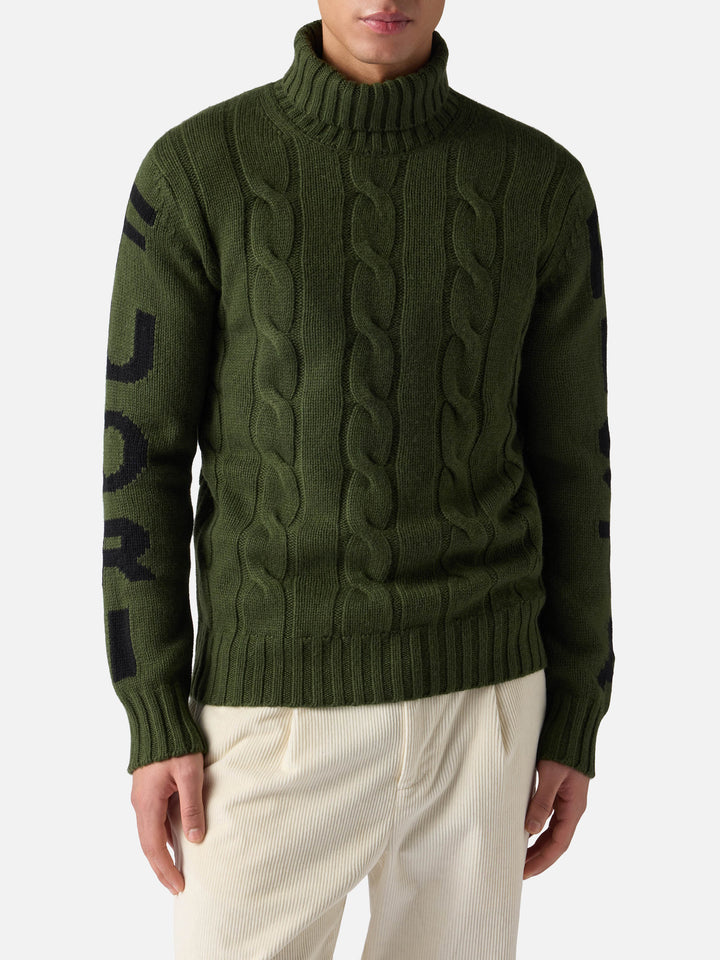 Man turtleneck braided sweater with Fuori pista jacquard