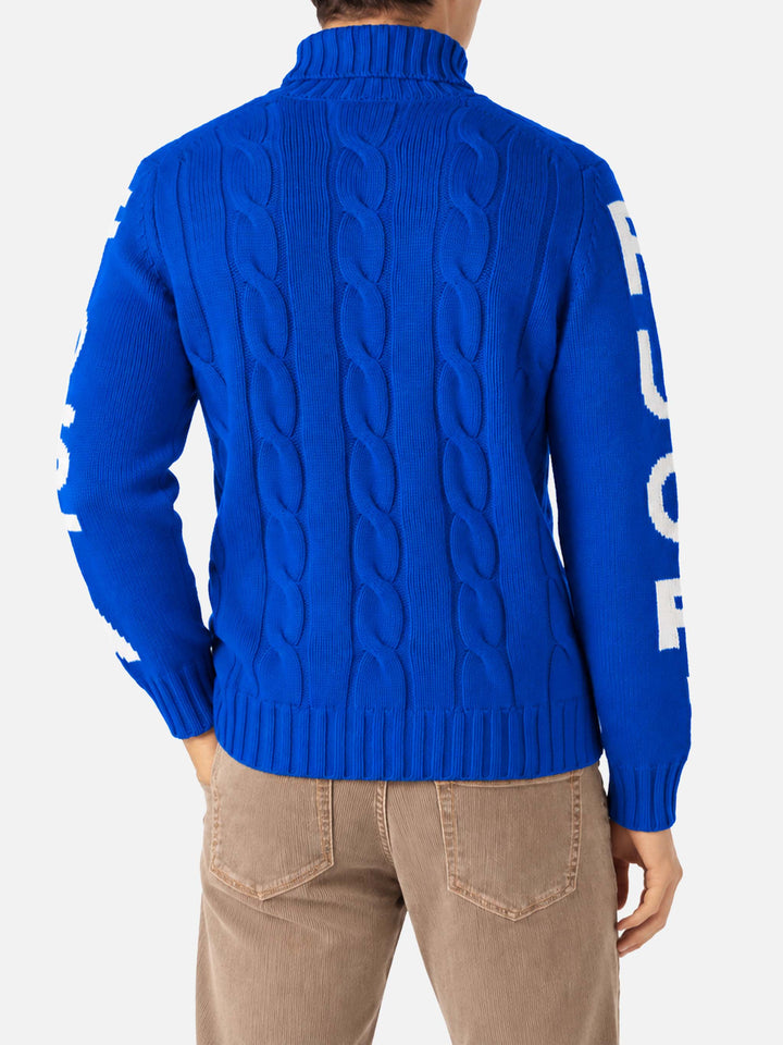 Pull à col roulé en maille torsadée style pêcheur avec jacquard Fuori pista bleu 