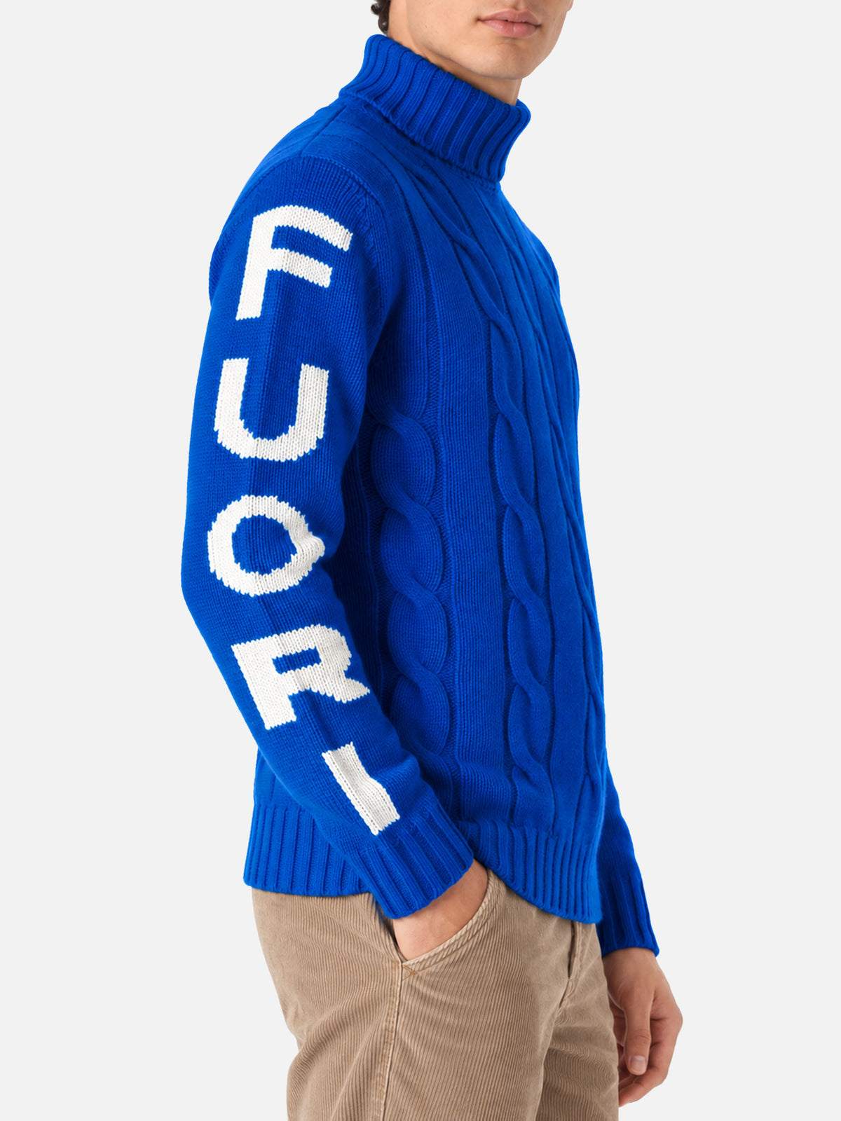 Pull à col roulé en maille torsadée style pêcheur avec jacquard Fuori pista bleu 