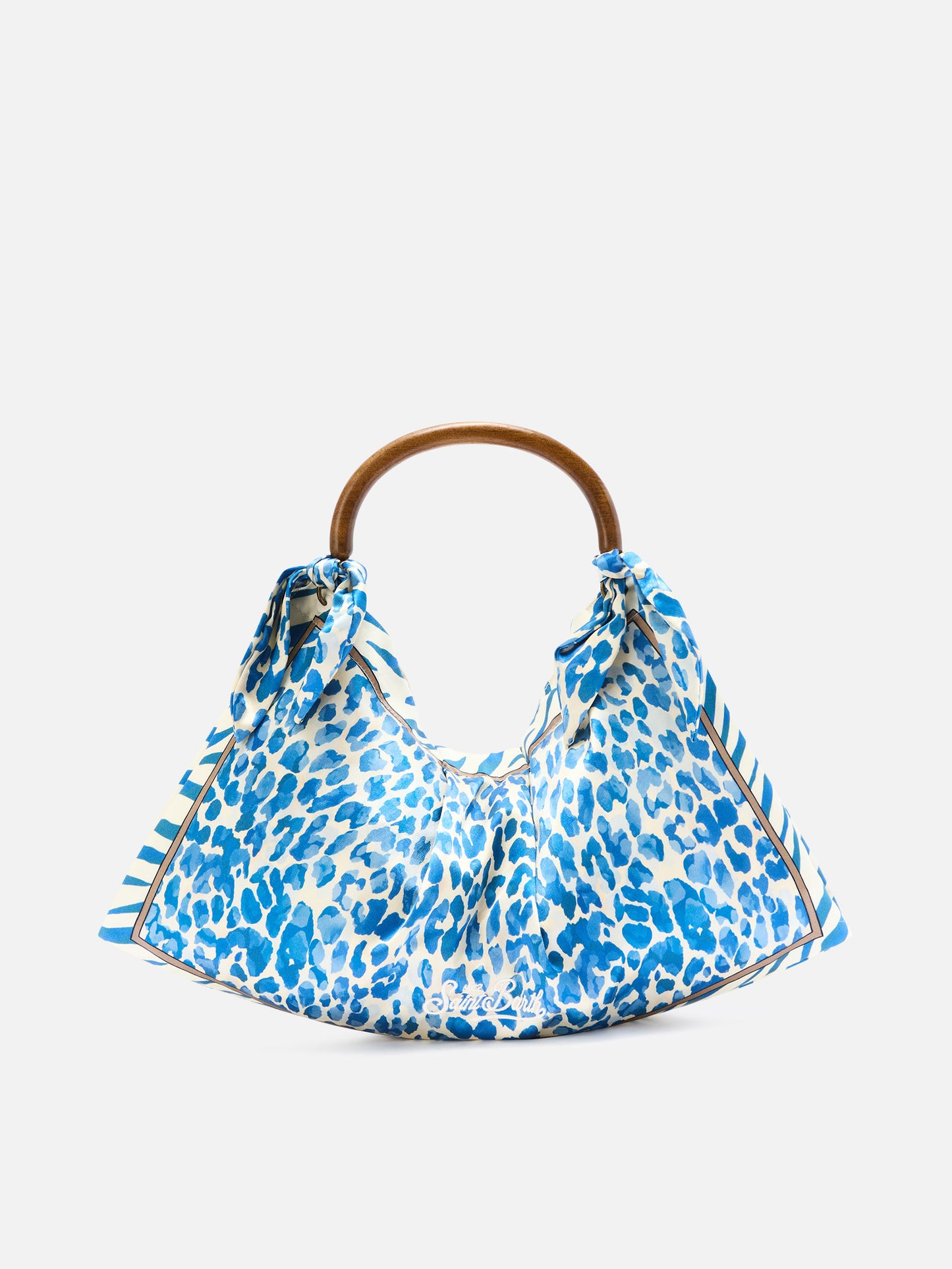 Tasche aus Seidenfoulard mit Holzgriff und Animal-Print 
