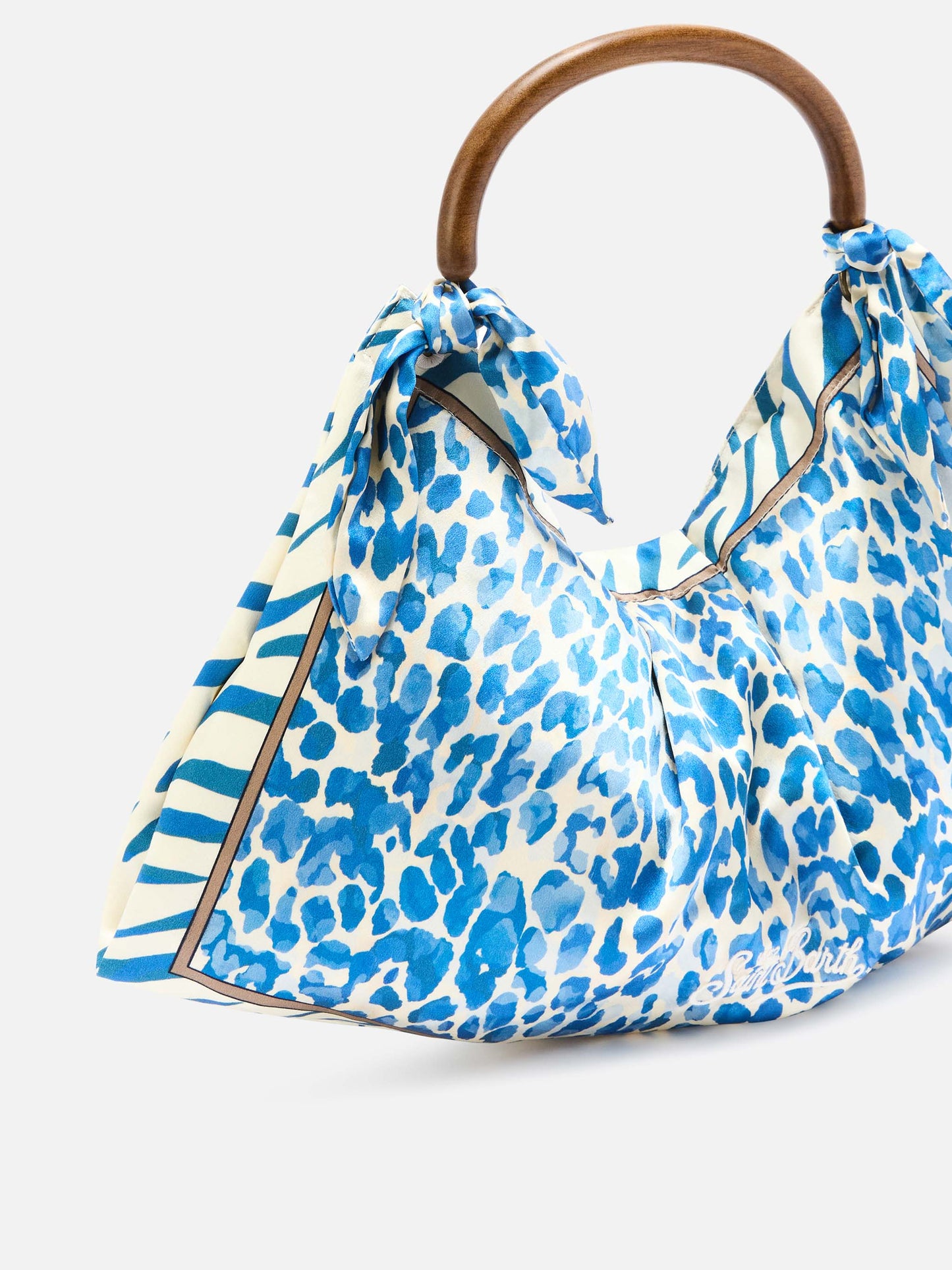 Tasche aus Seidenfoulard mit Holzgriff und Animal-Print 