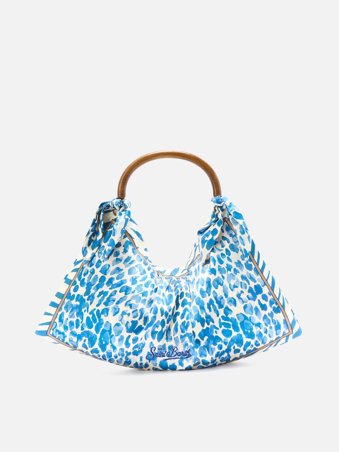 Foulard silk bag with wooden handle and animal print