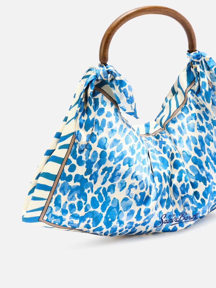 Foulard silk bag with wooden handle and animal print