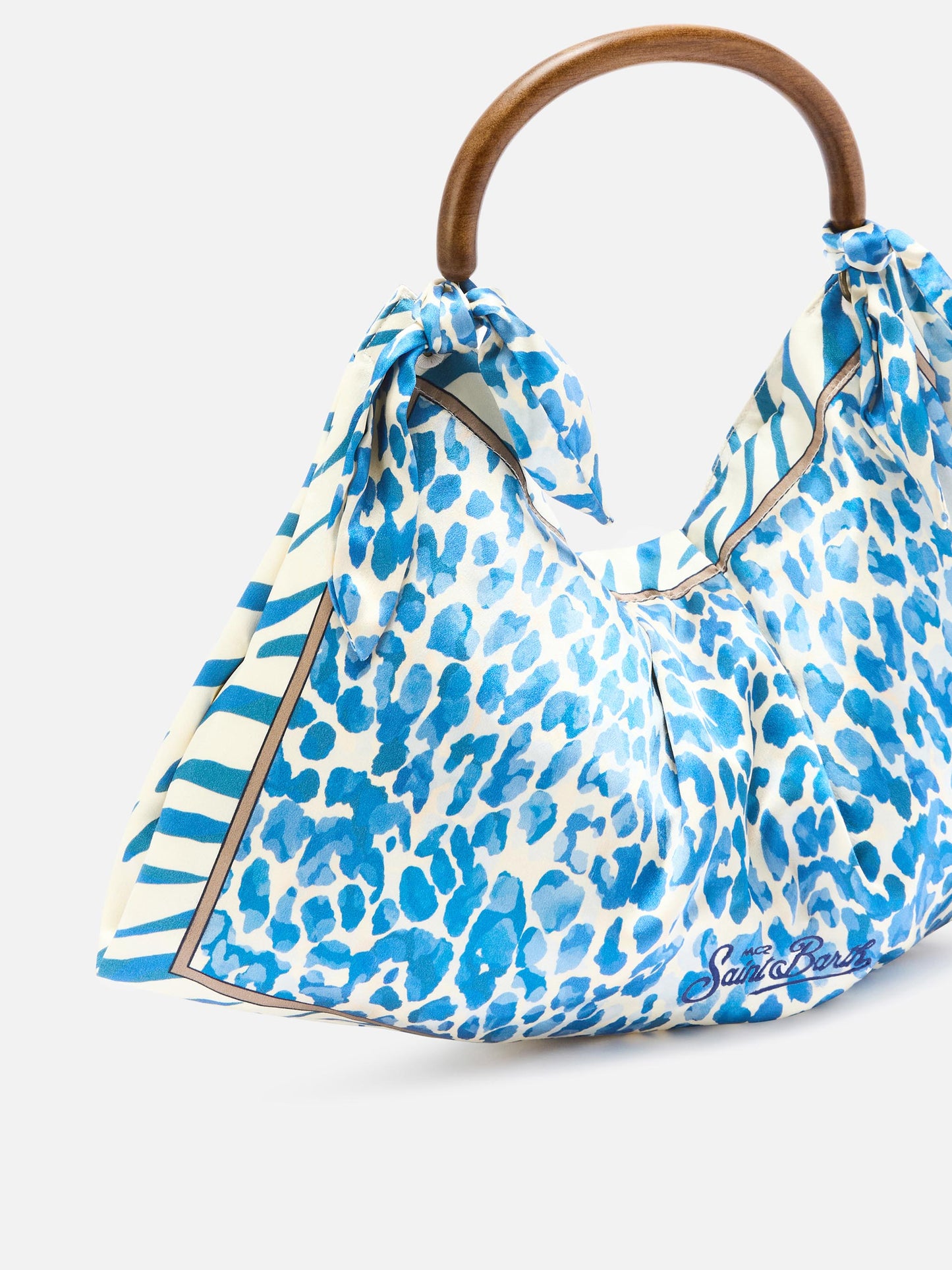 Foulard silk bag with wooden handle and animal print