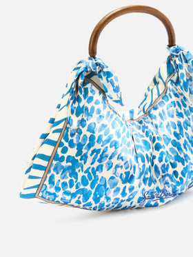 Foulard silk bag with wooden handle and animal print