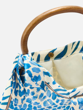 Foulard silk bag with wooden handle and animal print