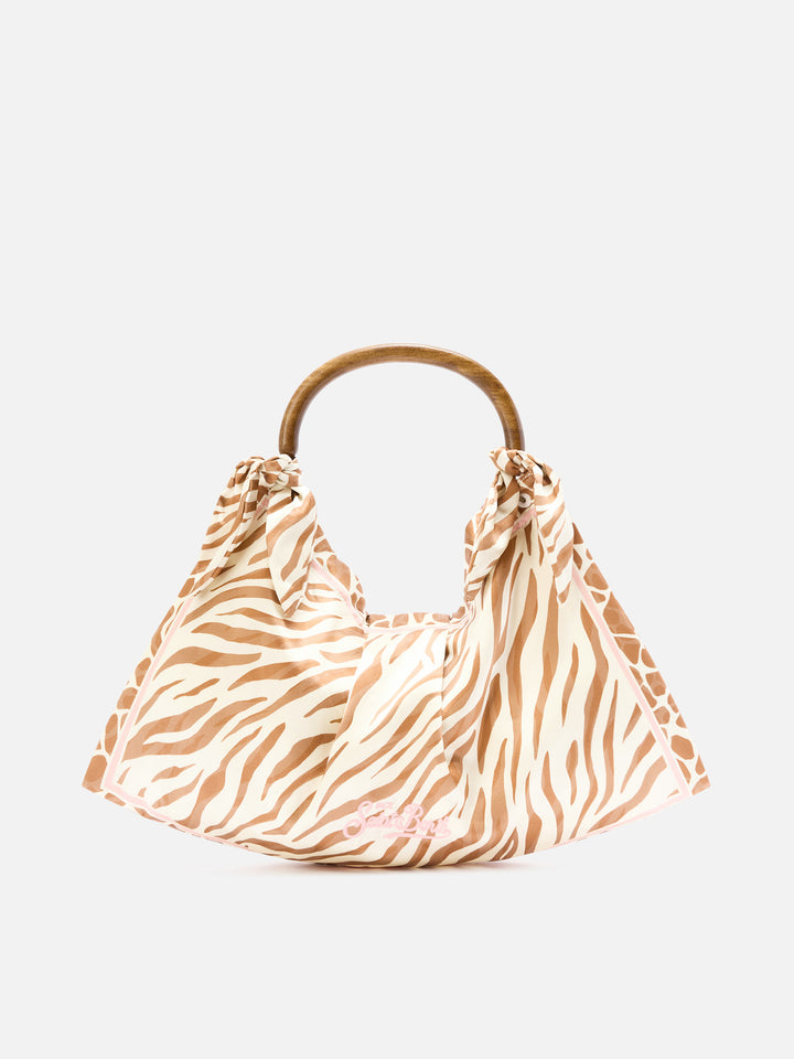 Bolso foulard de seda con asa de madera y estampado animal 
