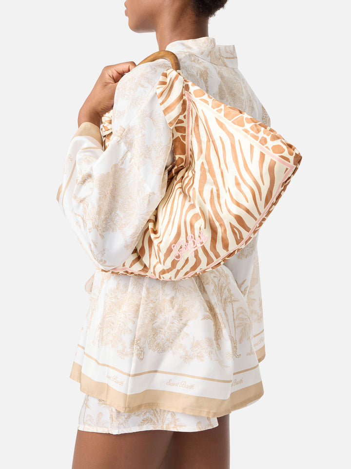 Bolso foulard de seda con asa de madera y estampado animal 