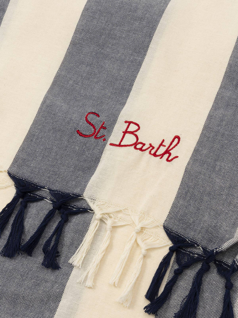 Leichtes Baumwoll-Strandtuch Fouta mit marineblauem Streifendruck