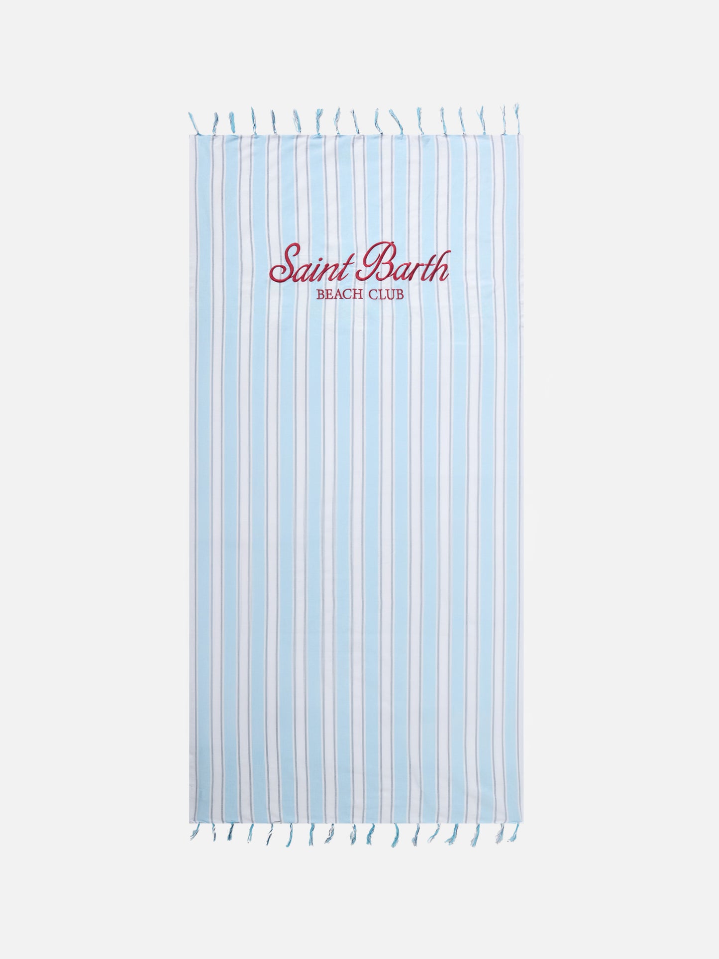 Foutas Lightbeach towel with light blue and white stripes and embroidered logo