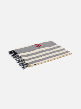 Leichtes Baumwoll-Strandtuch Fouta mit marineblauem Streifendruck und Stickerei